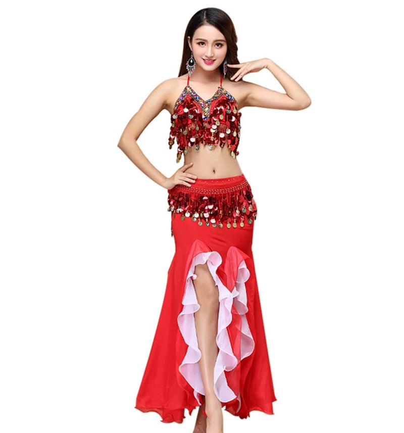 ORIDOOR Women's Belly Dance Dress Set - Red, One Size - Bra Top, Waist Belt, Chiffon Skirt - 35.5" Length - Hand Wash Only - Image 2